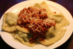 spinach and six cheese ravioli with roasted red pepper and tomato sauce