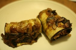 Tofu-stuffed eggplant with mushroom ragout